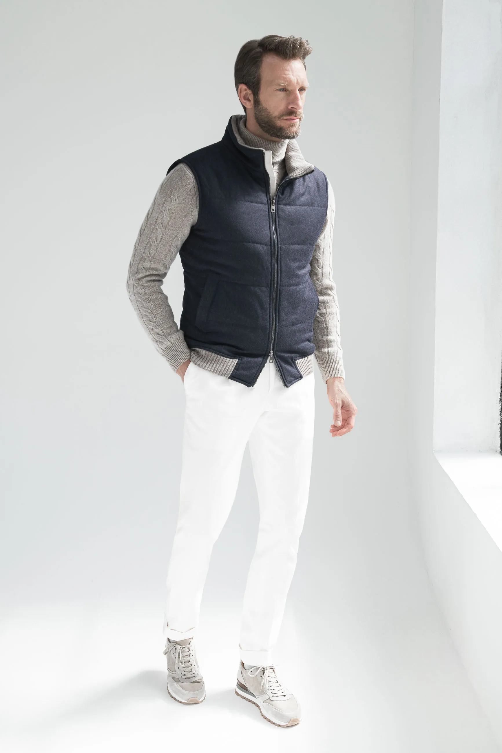 Blue down vest in wool & cashmere – Made in Italy